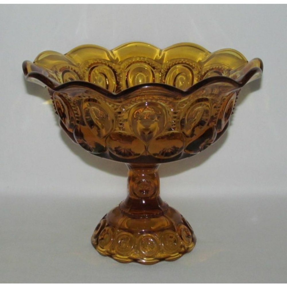 LE Smith Glass MOON AND STAR Amber Large Footed Flared Ruffled Compote
